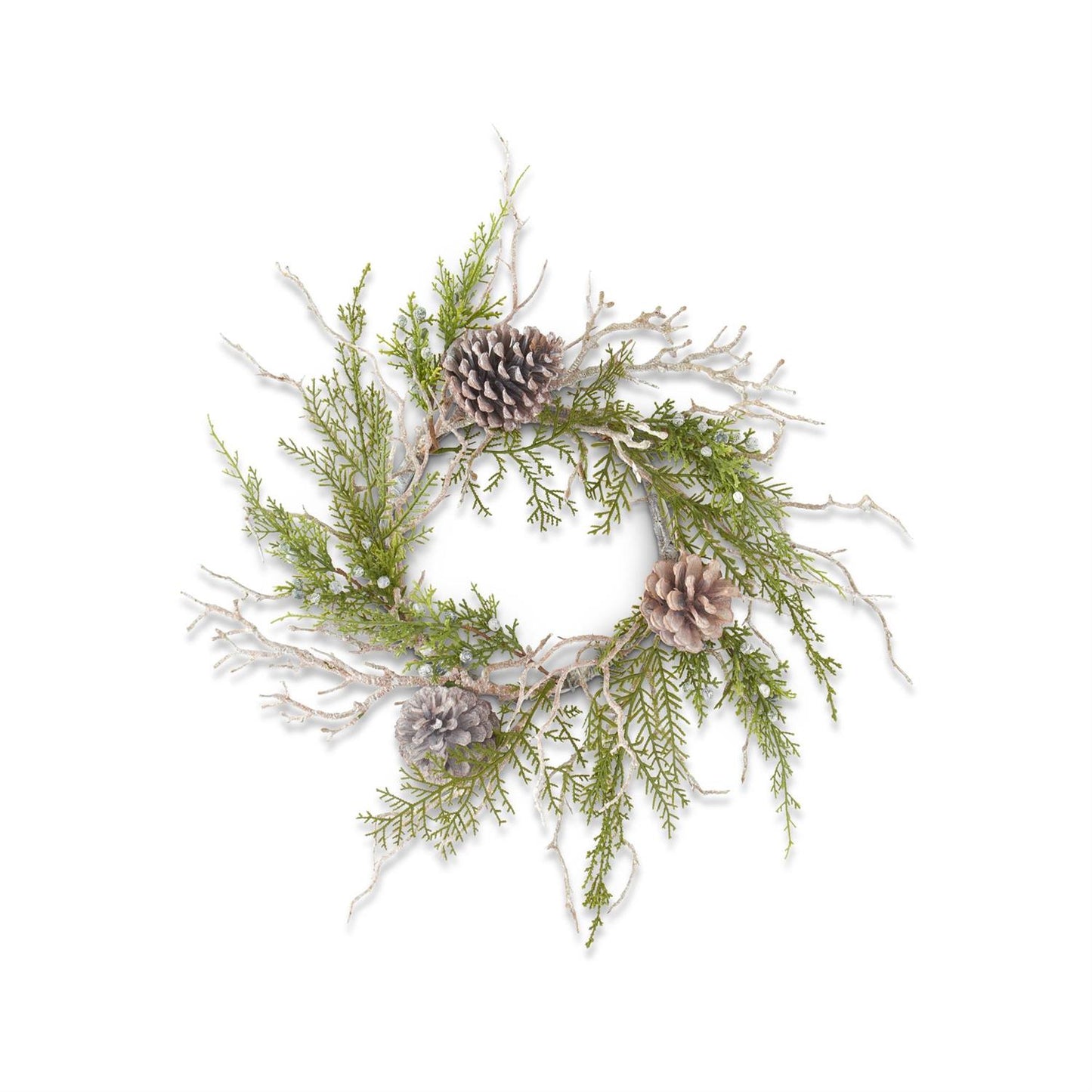 16 inch wreath created with softly washed faux twiggy branches and pinecones combined with evergreen juniper foliage accented by blue berries for a natural layered look. Great for hanging or tabletop displays.