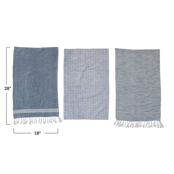 Blue and White Cotton Blend Hammam Style Tea Towel Set
