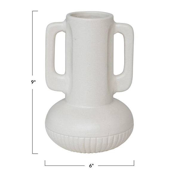 Matte White Two Handled Vase with Carved Design, 9in.H