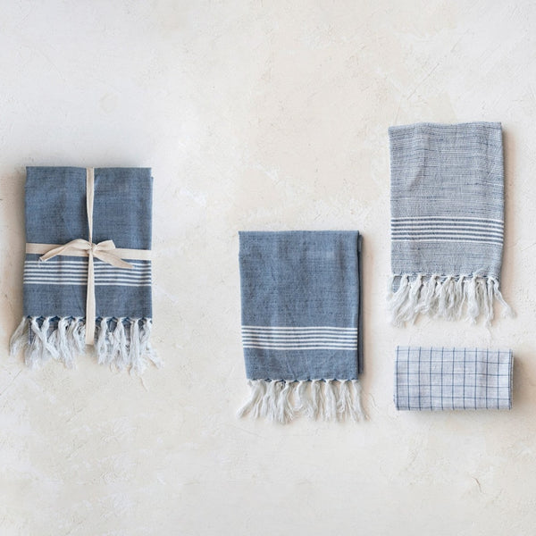 3 piece Blue and White Patterned Cotton Blend Hammam Style Tea Towel Set