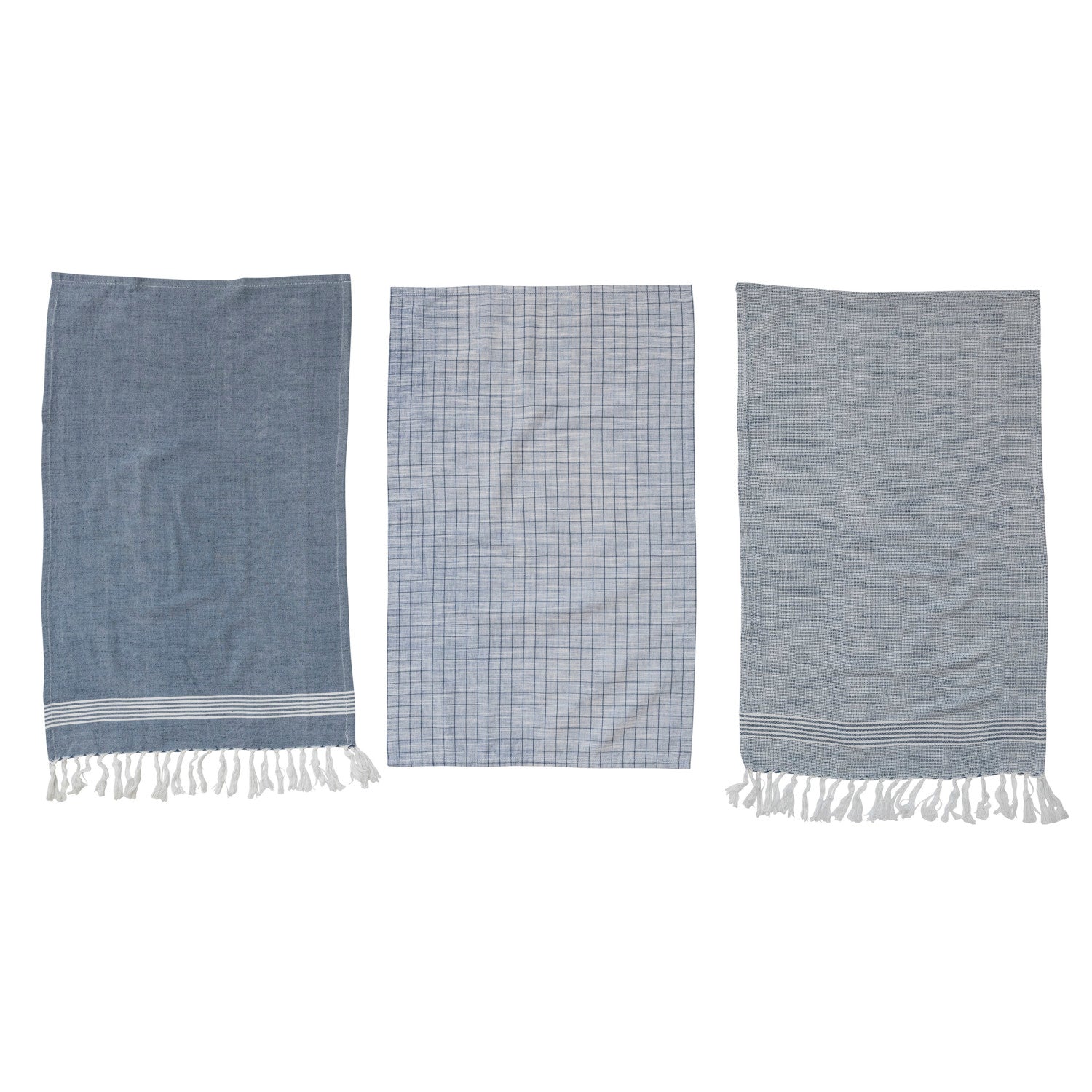 3 pc. Blue and White Patterned Cotton Blend Hammam Style Fringed Tea Towel Set