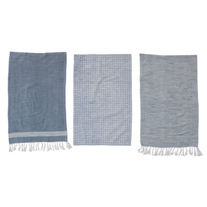 3 pc. Blue and White Patterned Cotton Blend Hammam Style Fringed Tea Towel Set