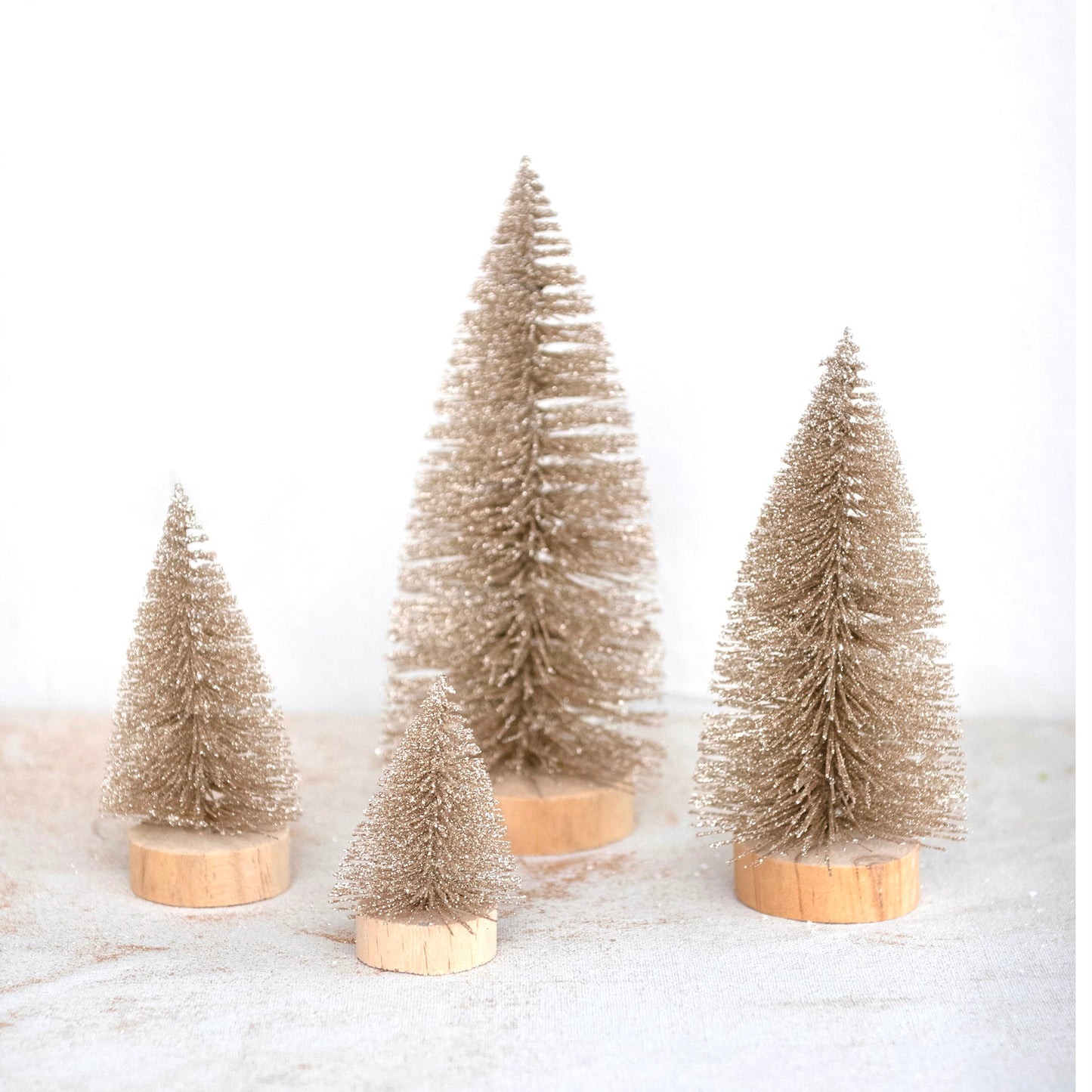 Plastic Bottle Brush Trees w/ Glitter & Wood Bases, Champagne Color