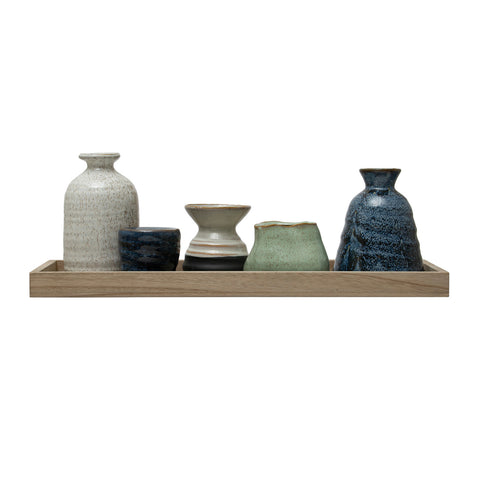 Colorful Stoneware Vase Collection on Mango Wood Tray