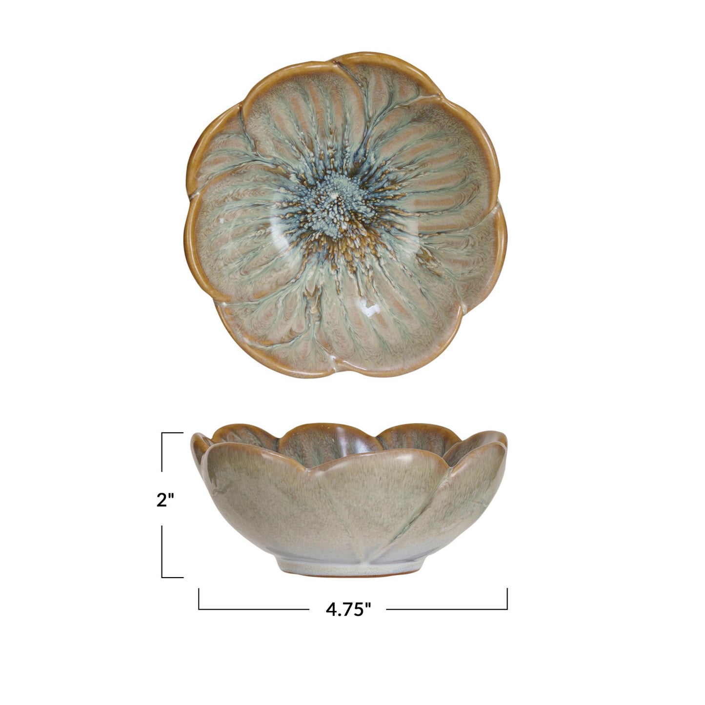Dimensioned photo of 4.75in.W x 2in.H Flower Shaped Tan Stoneware Bowl, with a Reactive Glaze in shades of blue, green and white. Each bowl is unique in coloration.