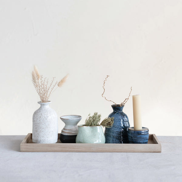 Colorful Stoneware Vase Collection on Mango Wood Tray