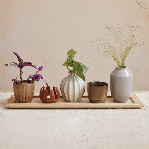 Neutral Stoneware Vase and Votive Collection on Wood Tray