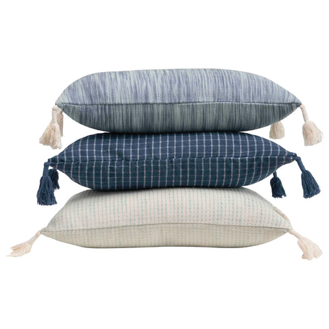 Summer Blues Woven Cotton Lumbar Pillow with Tassels, 24" x 12"   3 Styles