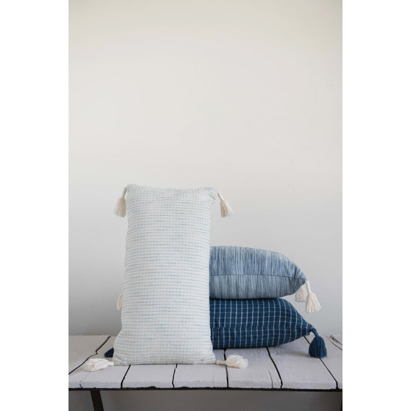 Summer Blues Woven Cotton Lumbar Pillow with Tassels, 24" x 12"   3 Styles