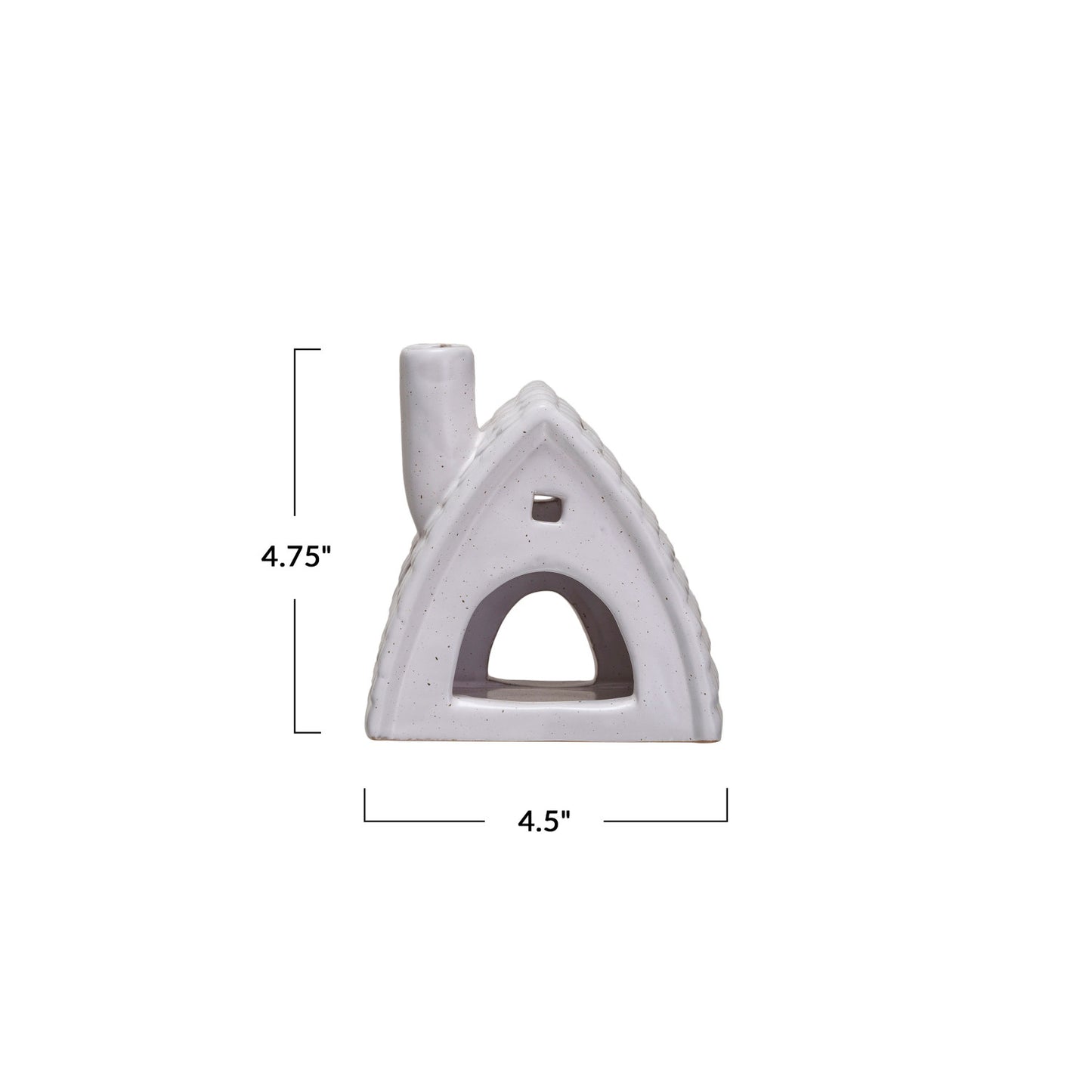 Cute Matte White Stoneware Woodland Cabin Shaped Tealight or Incense Holder, Cabin has an a 4.5in.W x 4.75in.Hched door and a small rectangular window near the peak of the arched roof and a round chimney. The matte glaze has fine brown speckles.