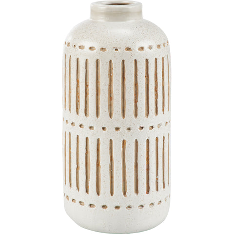 White Ceramic Vase with Tan Vertical Stripe and Dot Design, 8.5in.H