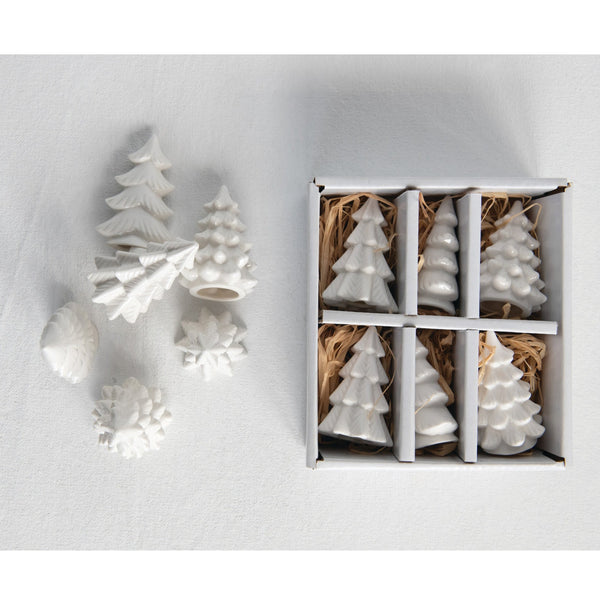 Gift Boxed Set of 6 White Stoneware Mini Christmas Trees