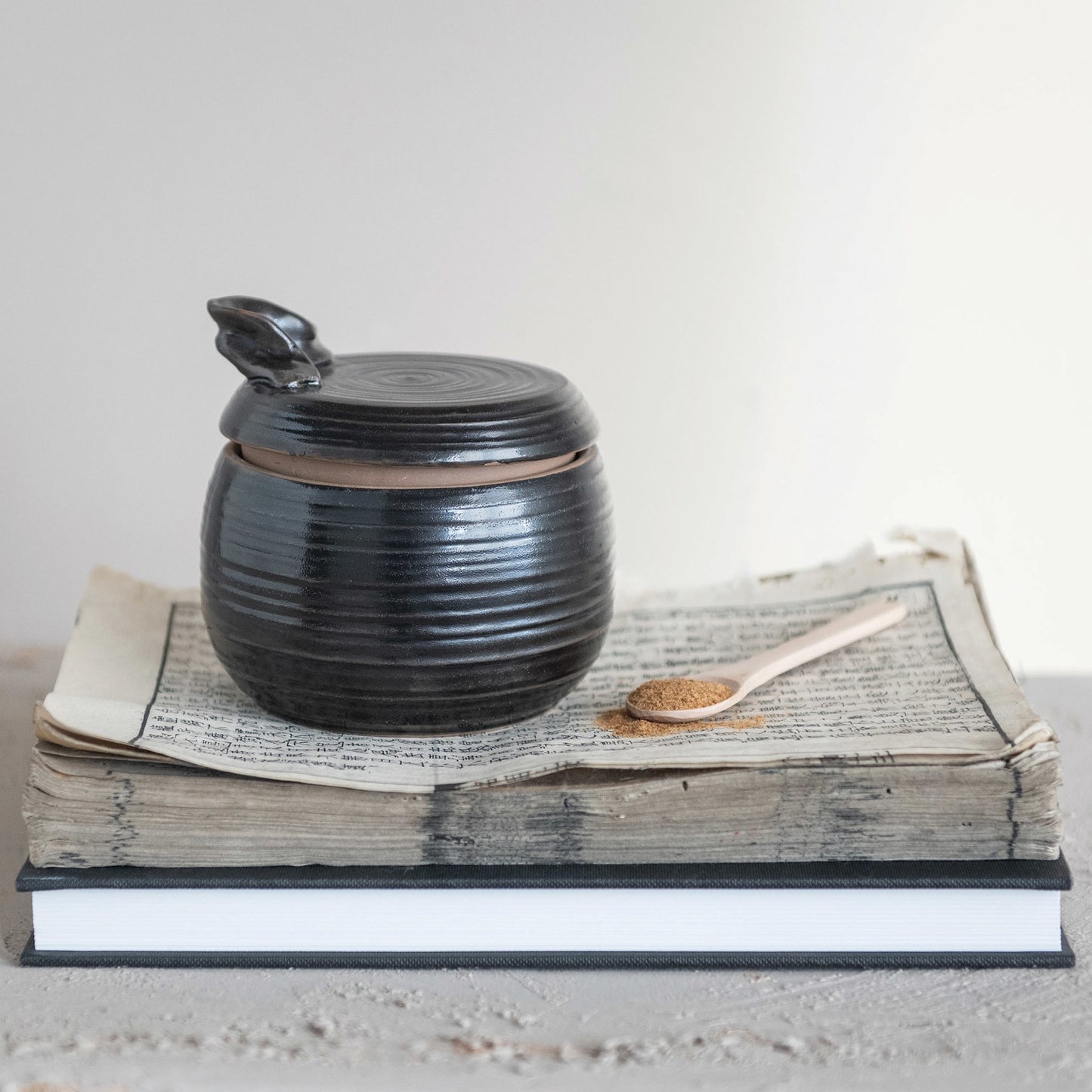 Stoneware Jar w/ Wood Spoon, Reactive Glaze, Black, Set