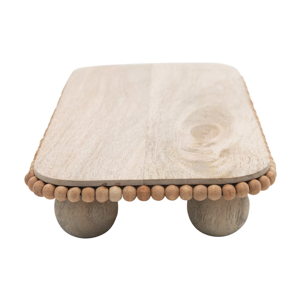 Mango Wood Pedestal Tray with Decorative Wood Bead Trim. 16 in. L