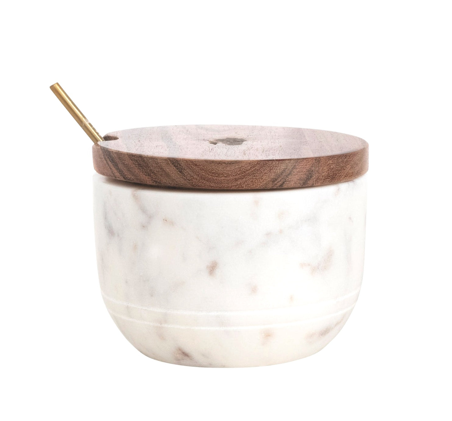 Marble & Wood Bowl w/ Lid & Brass Spoon, Set