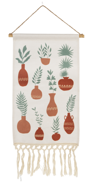 Boho Terracotta Potted Plant Wall Hanging with Fringe, 19”H