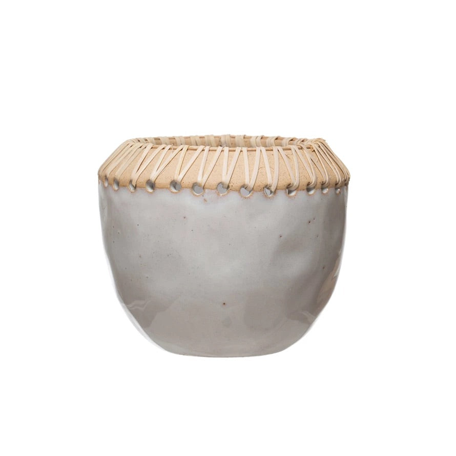 Stoneware Planter Pot w/ Rattan Stitching, White (Holds 3" Pot)