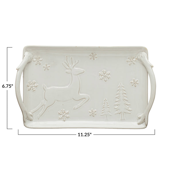 Deer, Snowflakes and Trees Design White Stoneware Tray. 11.25in.L