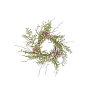 Small table wreath created with softly washed faux twiggy branches and pinecones combined with evergreen juniper foliage accented by blue berries for a natural layered look. 12 in. diameter