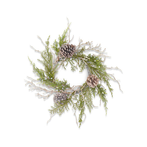  16 inch wreath created with softly washed faux twiggy branches and pinecones combined with evergreen juniper foliage accented by blue berries for a natural layered look. Great for hanging or tabletop displays.