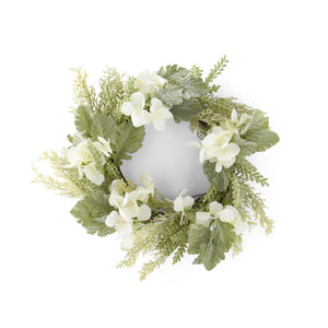 Soft Green Mixed Foliage and White Hydrangea Wreath or Lg. Candle Ring, 15 In.