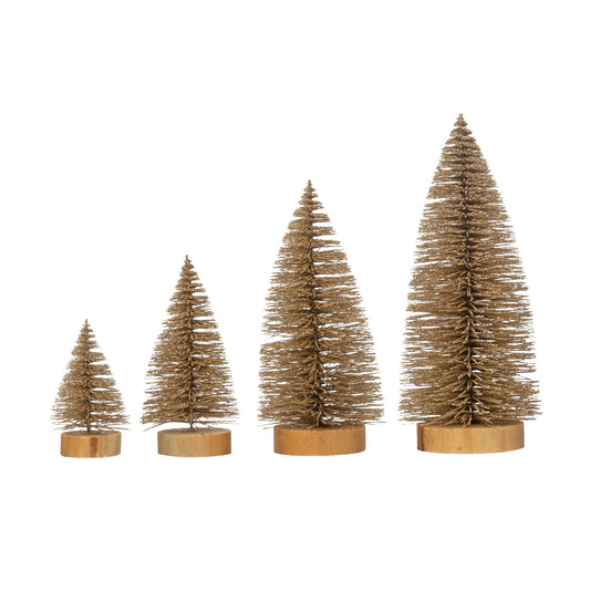 Plastic Bottle Brush Trees w/ Glitter & Wood Bases, Champagne Color