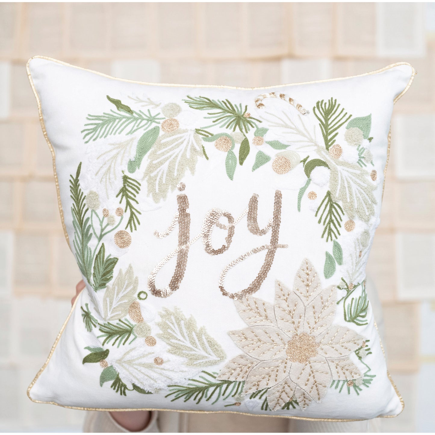 18in. Christmas Wreath Cotton  Pillow with Gold Accents 