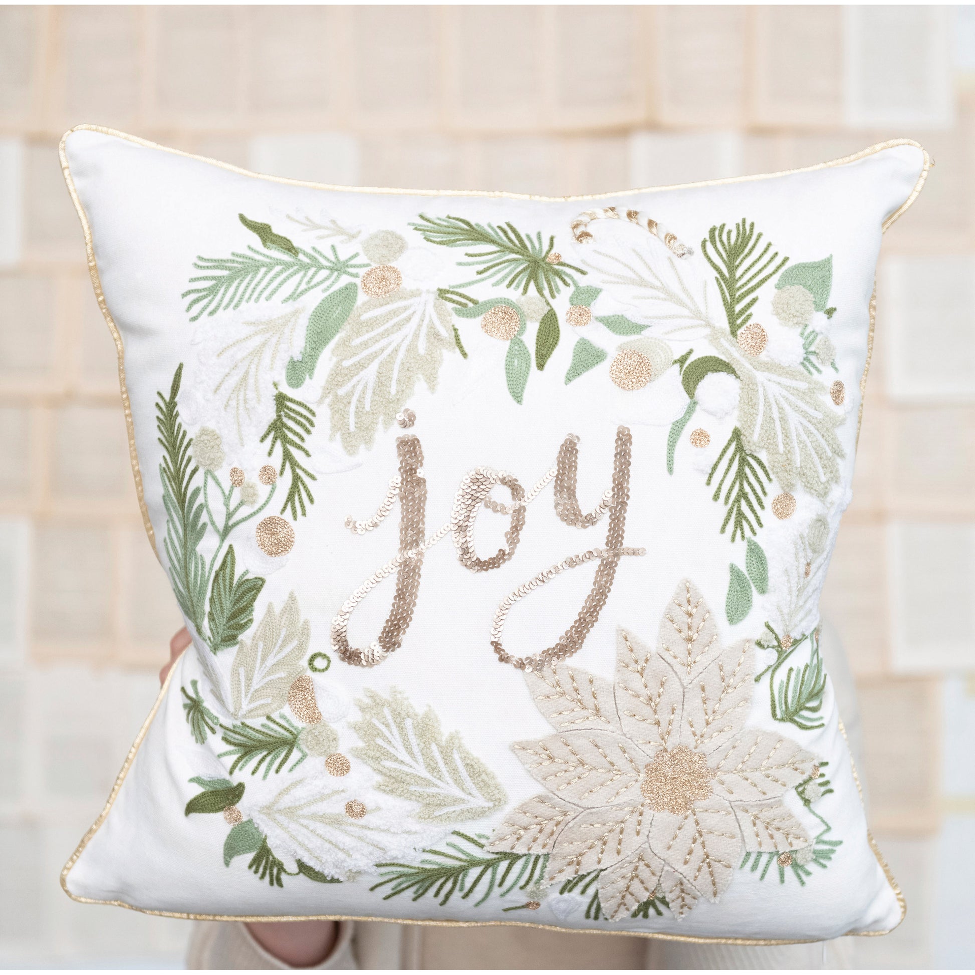 18in. Christmas Wreath Cotton  Pillow with Gold Accents 