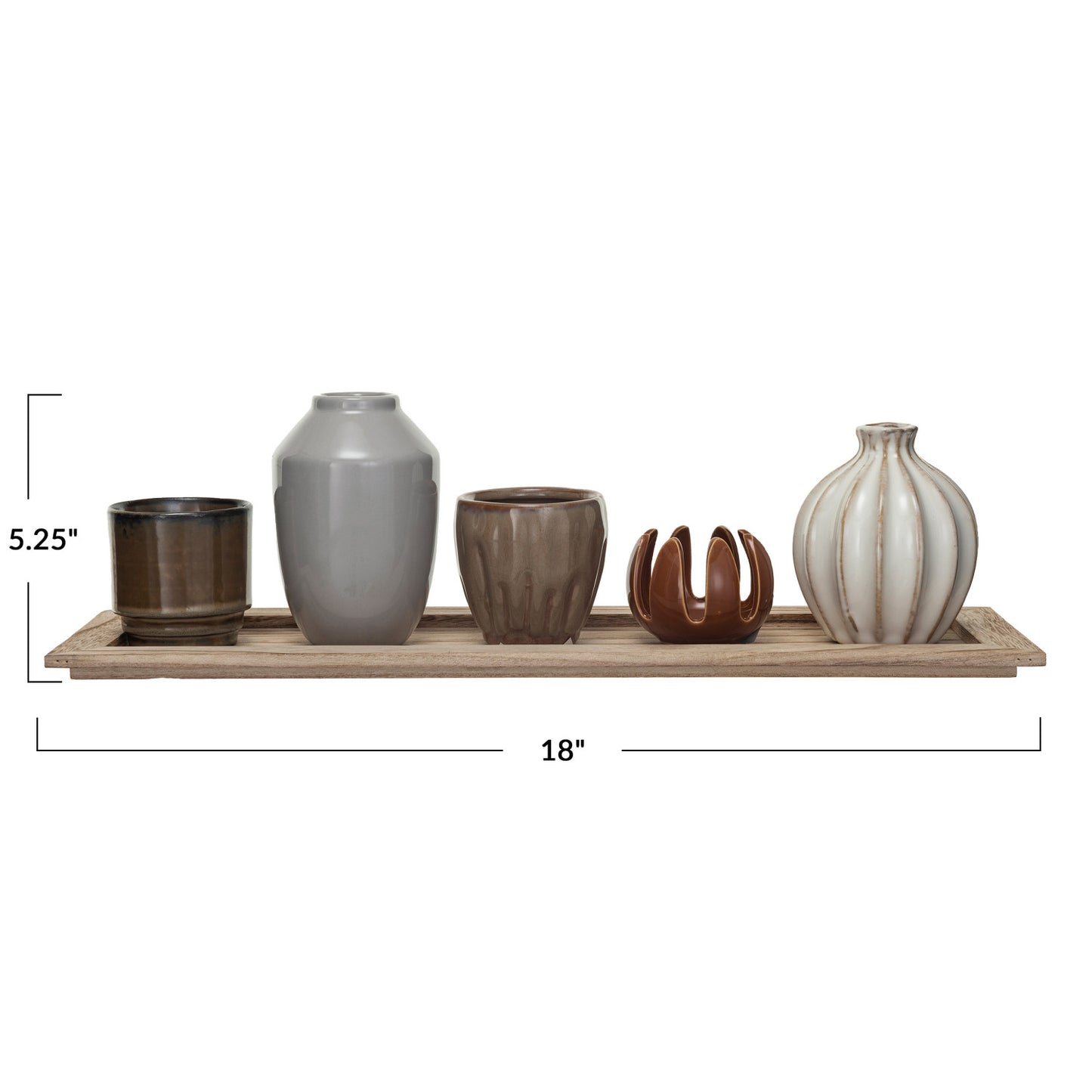 Neutral Stoneware Vase and Votive Collection on Wood Tray
