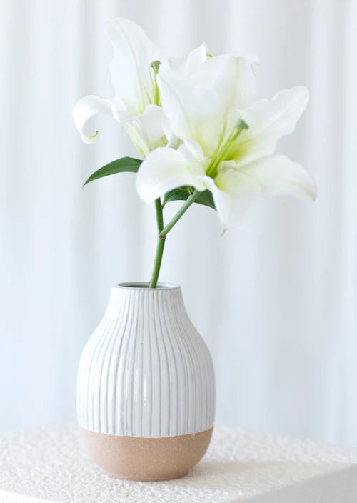 White Ribbed Vase with Tan Unglazed Base, 8"H