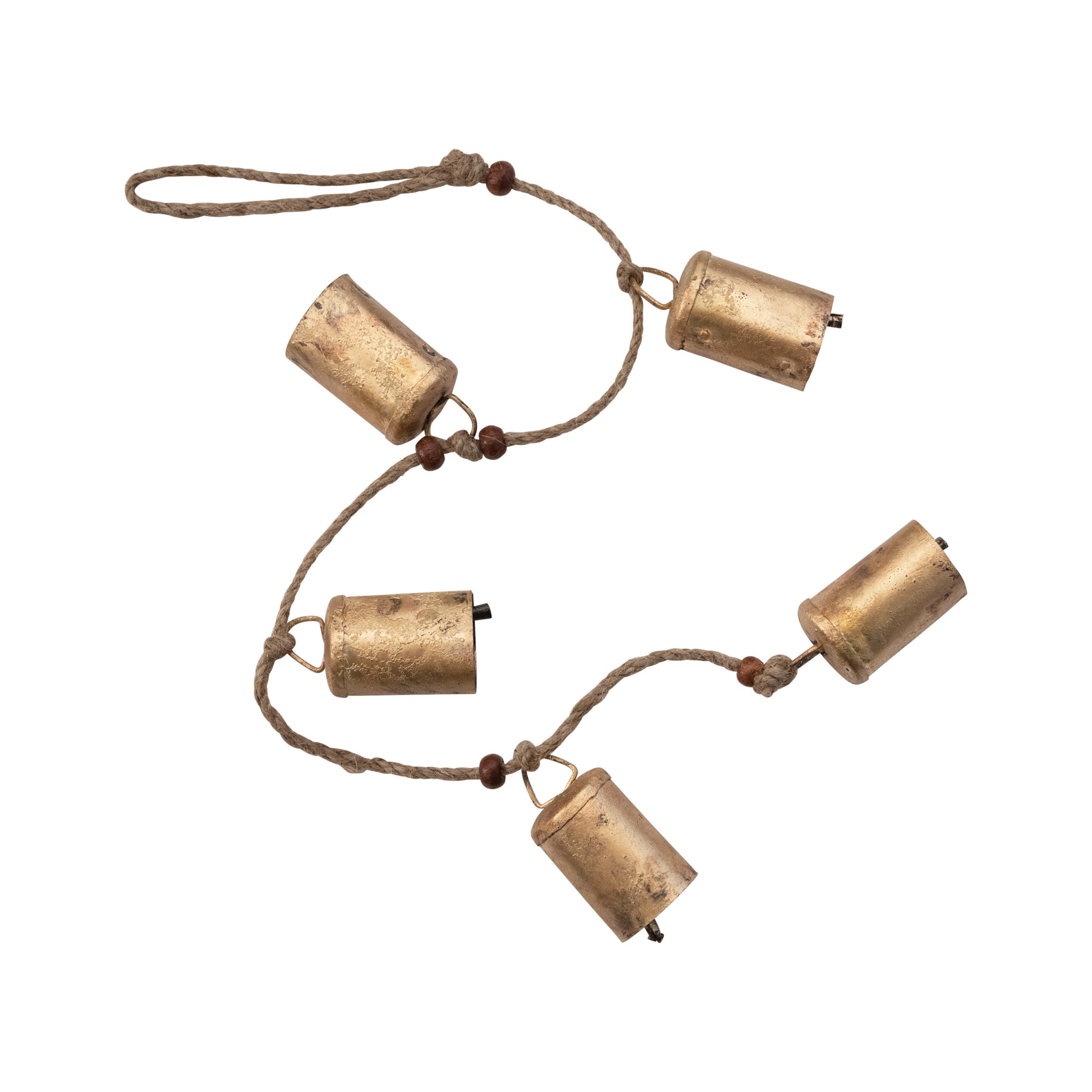 Six small cylinder shaped brass finish bells hang along a jute cord accented with brown stained wood beads.

Great for embellishing seasonal wreaths and swags, vases, trays, hanging from door or cabinet knobs, or as a tabletop garland for an interesting layered look.&nbsp;