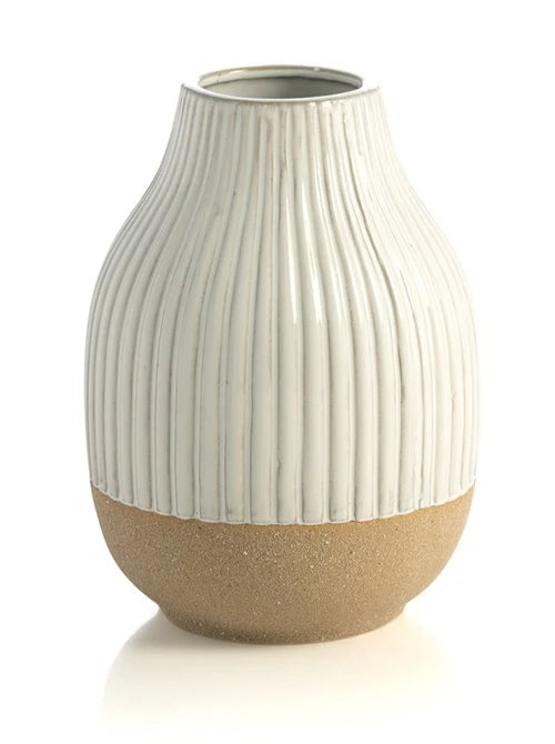 White Ribbed Vase with Tan Unglazed Base, 8"H