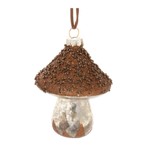  beautifully crafted mushrooms featuring a beaded brown cap and aged silver stem for contrasting texture and color. Finished with a silver cap and a coordinating brown tie for hanging.