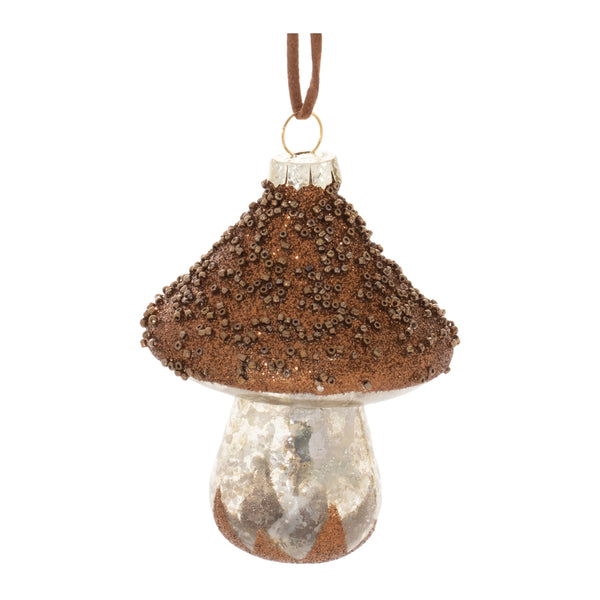  beautifully crafted mushrooms featuring a beaded brown cap and aged silver stem for contrasting texture and color. Finished with a silver cap and a coordinating brown tie for hanging.