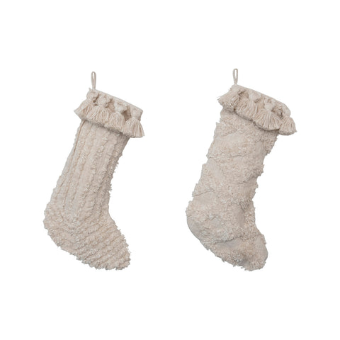 Boho Tufted and Tasseled Cotton Christmas Stocking, 20in.L