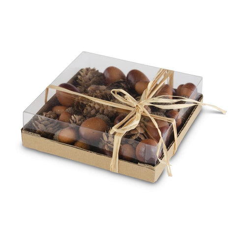 Brown Fuax Acorns and Mini nATURAL pINECONES IN BOX WITH CLEAR PLASTIC LID WITH RAFFIA BOW, 24 PIECES