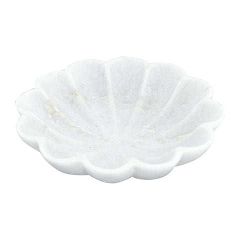 hand carved white marble flower shaped bowl 6in.W