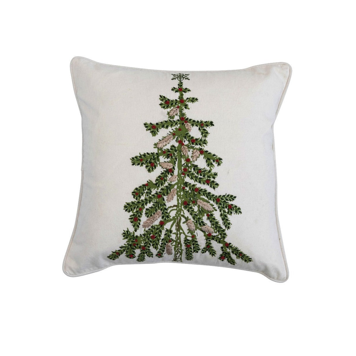 Christmas Tree Cotton Printed Pillow with Embroidered Accents, 18" Square