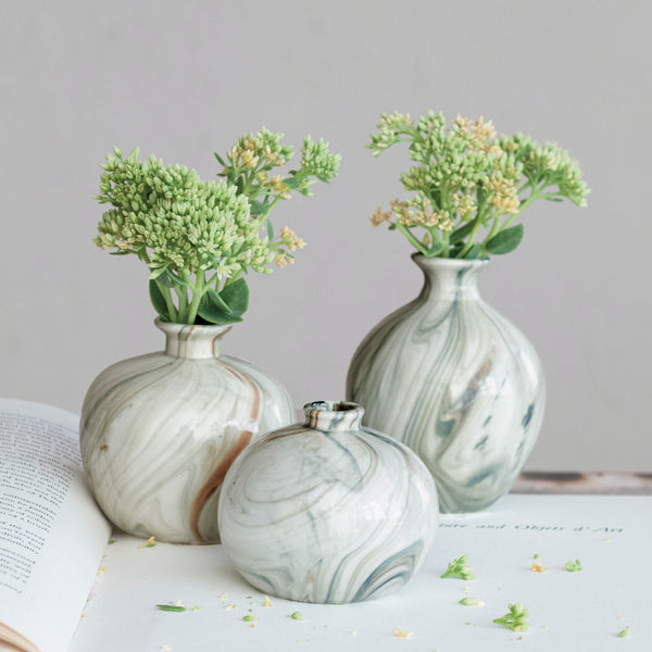Green, Caramel and White Swirl Stoneware Vases