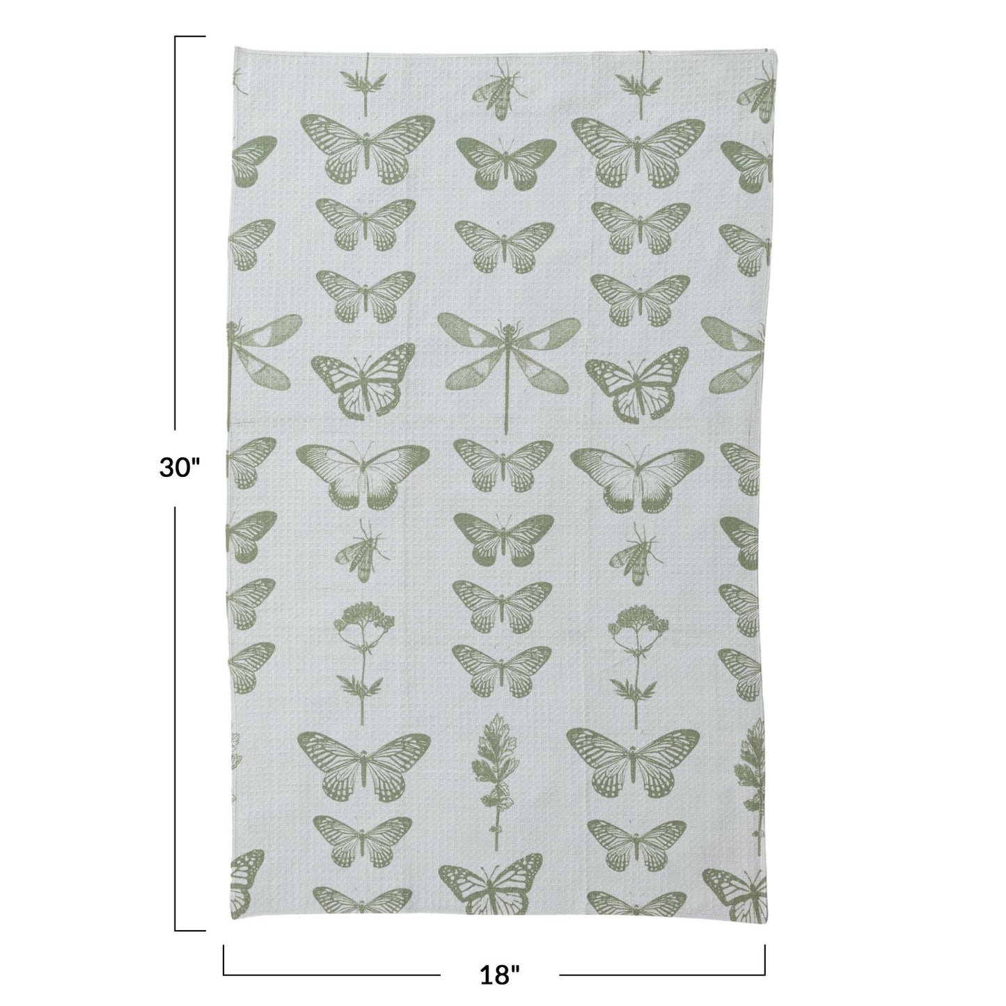 Green Butterfly Print Recycled Microfiber Waffle Weave Tea Towel, 30in.