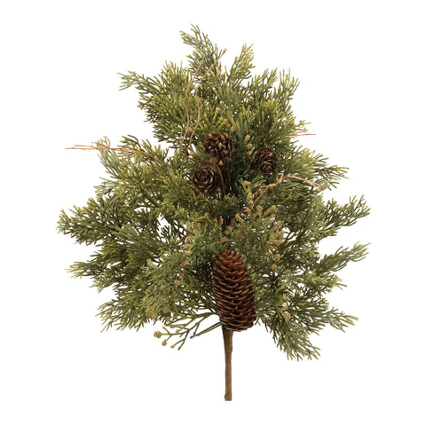  Lovely faux evergreen stems in&nbsp; a mix of soft green colored  juniper and cedar foliage.

Each 18 inch stem is accented with long natural pinecones and small twigs for added color and textural interest.&nbsp; 