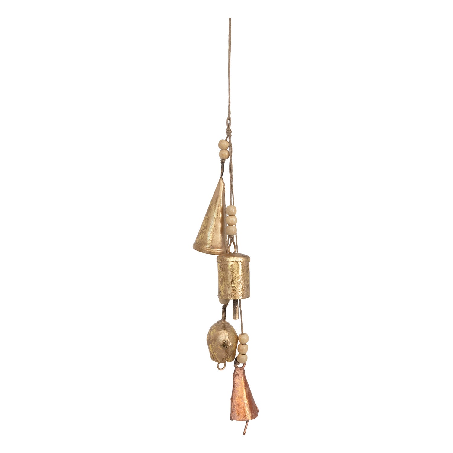 Distressed Gold and Copper Metal Bell Cluster, 11in.H with beaded accents and multiple shaped bells