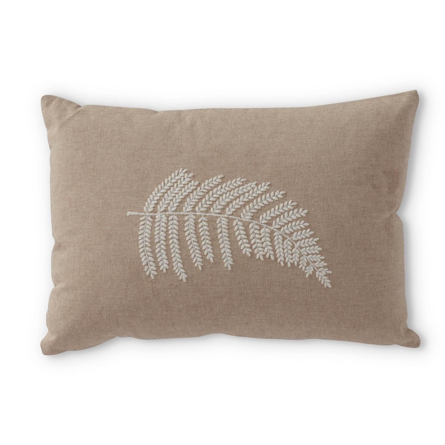 Tan Rectangular Pillow with White Fern Embroidered Design, 20 Inch