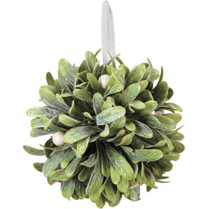 beautiful faux Mistletoe Balls! Frosty green foliage is accented with white berries in am orb shape with and topped with a fabric ribbon loop to hang.