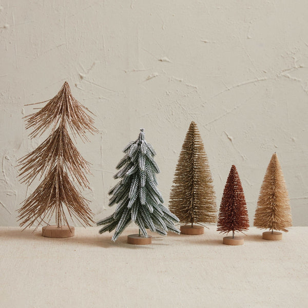 Festive Holiday Tabletop Trees, Boxed Set of 5 Styles 4 Brown hued bottlebrush trees and one snowy evergreen tree. 