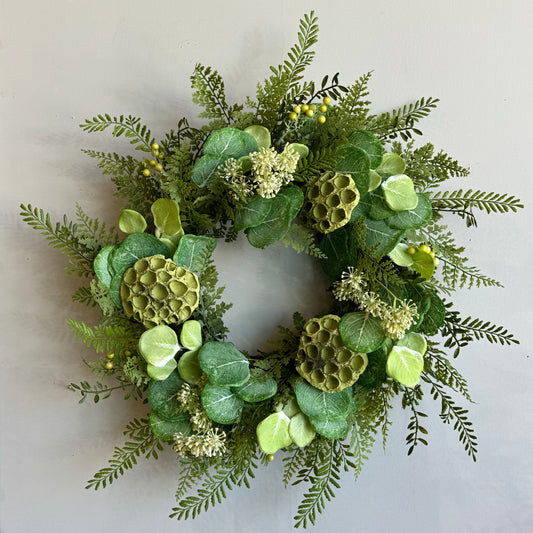 Eucalyptus, Fern and Lotus Pod Wreath, 26in.