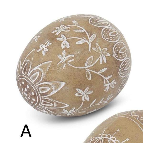 Tan Resin Easter Eggs White Carved Design, 5.75in.L