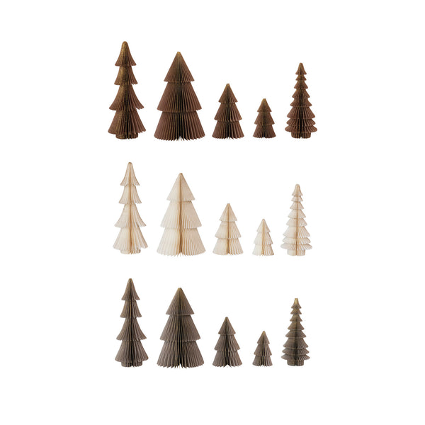 Gold Glitter Edged Foldable Paper Honeycomb Christmas Trees, Set of 5 sizes in choice of Brown, Cream, or Taupe 