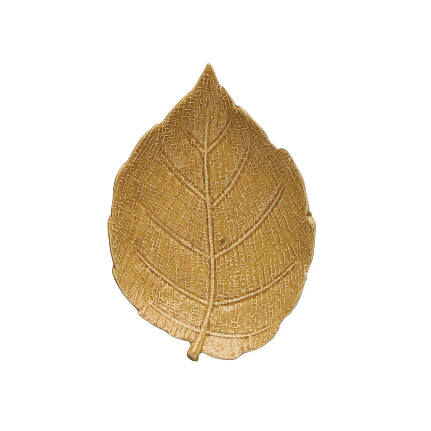 Honey Gold Crackled Fall Leaf Shaped Embossed Stoneware Plate, 6.5in,L