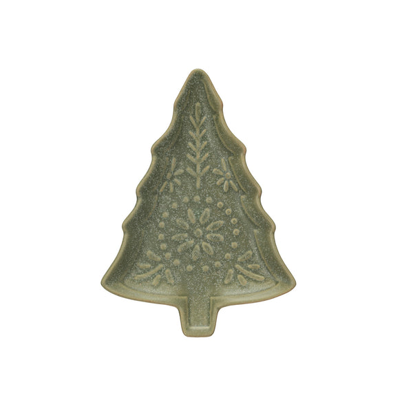 Matte Green Stoneware Tree Shaped Rimmed Plate with Embossed Leaf and Flower Design, 4.25in.L Food Safe
